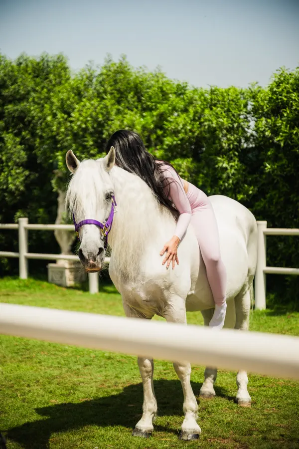 Editorial portrait with white horse, brand activation